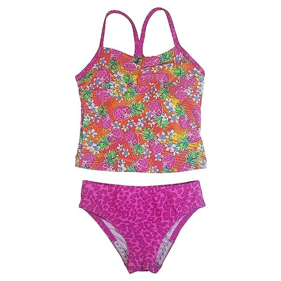 Speedo Girl's Sporty Splice Tankini 2 Piece Swimsuit, Pink Pineapple - Picture 1 of 2
